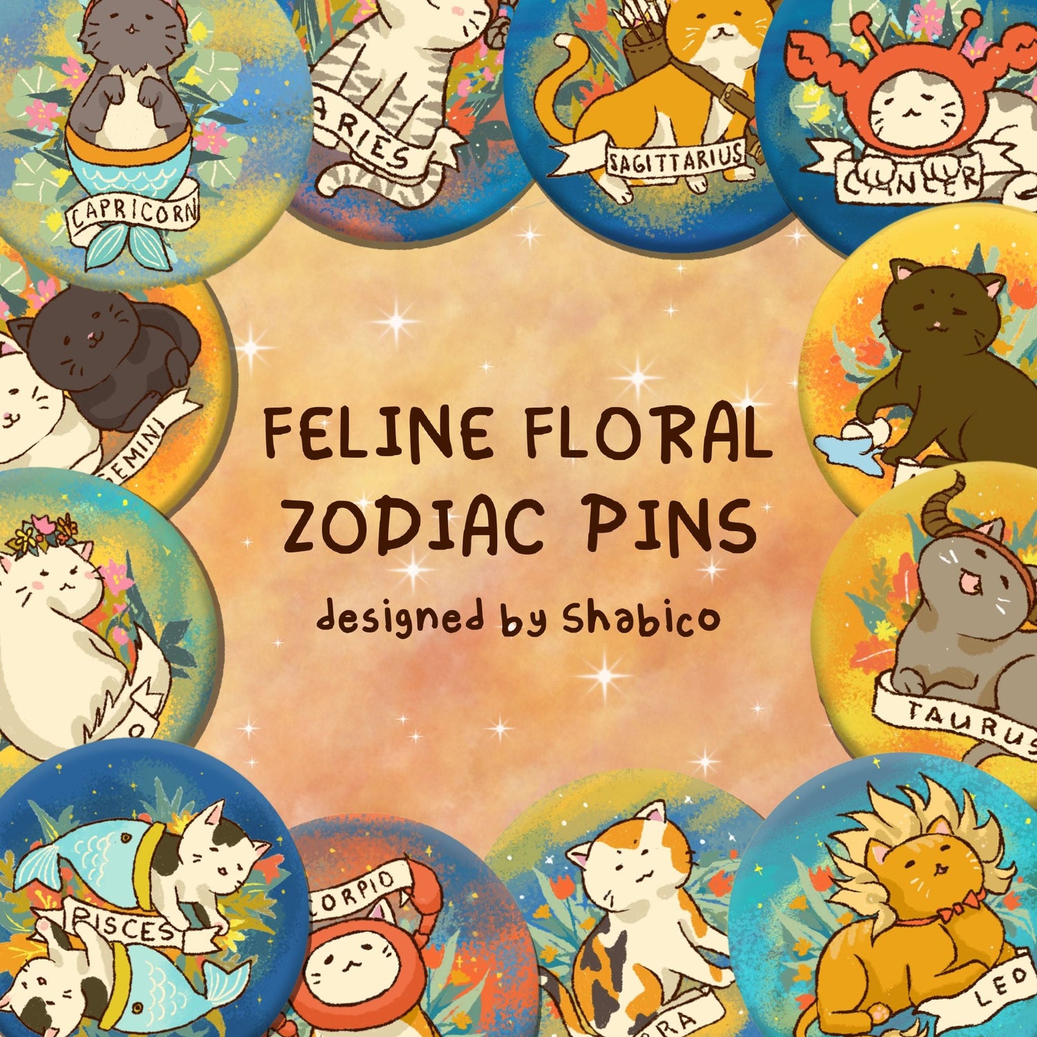 Feline Floral Zodiac Pins