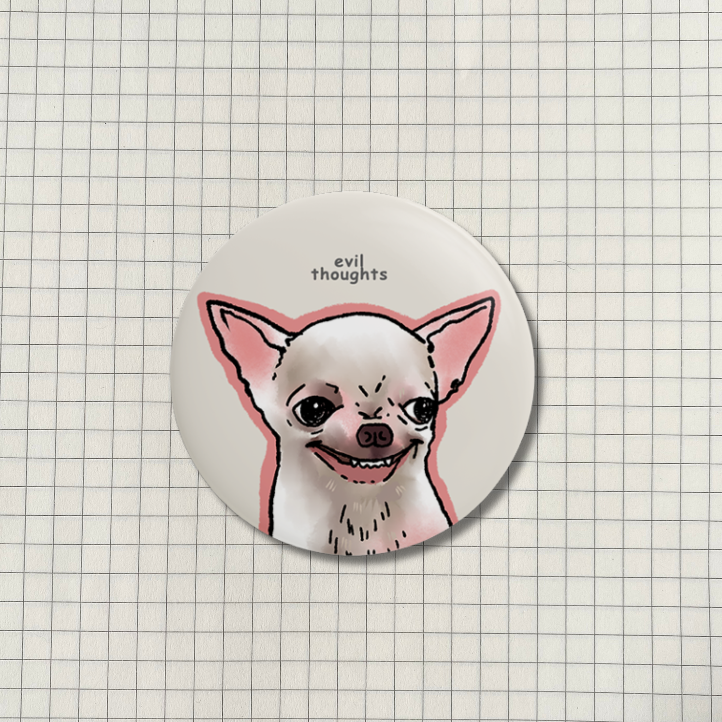 Evil Thoughts Dog Meme Button Pin