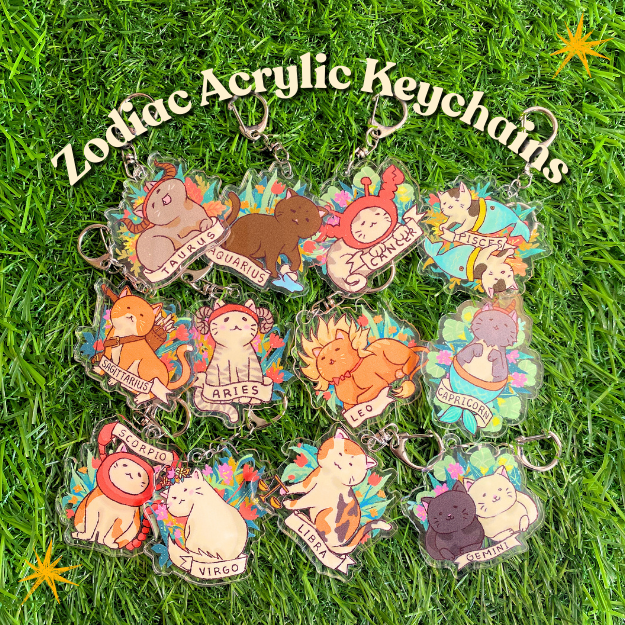 Feline Floral Zodiac Acrylic Keychain
